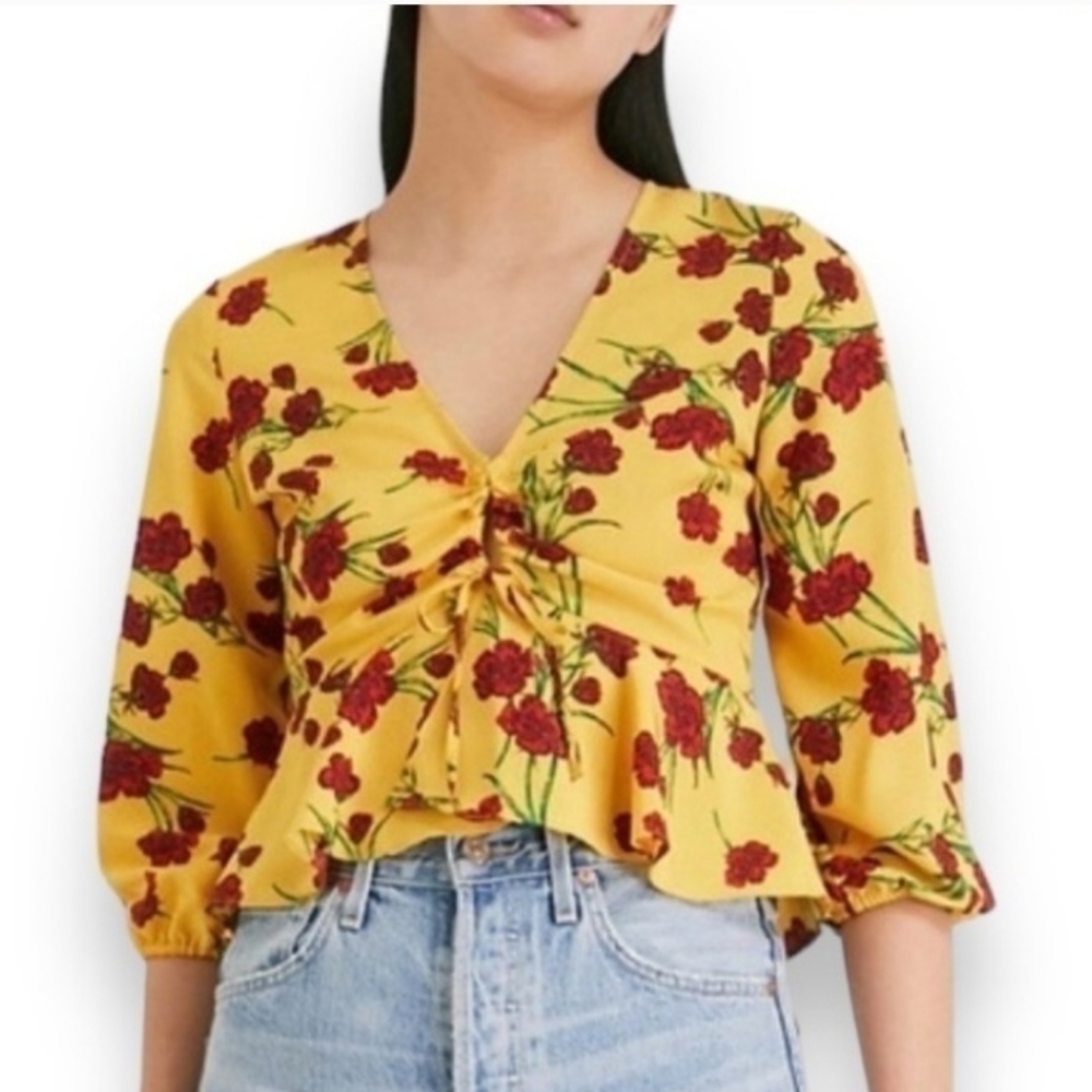 Topshop Betty Floral Print Keyhole Yellow/ Red Blouse